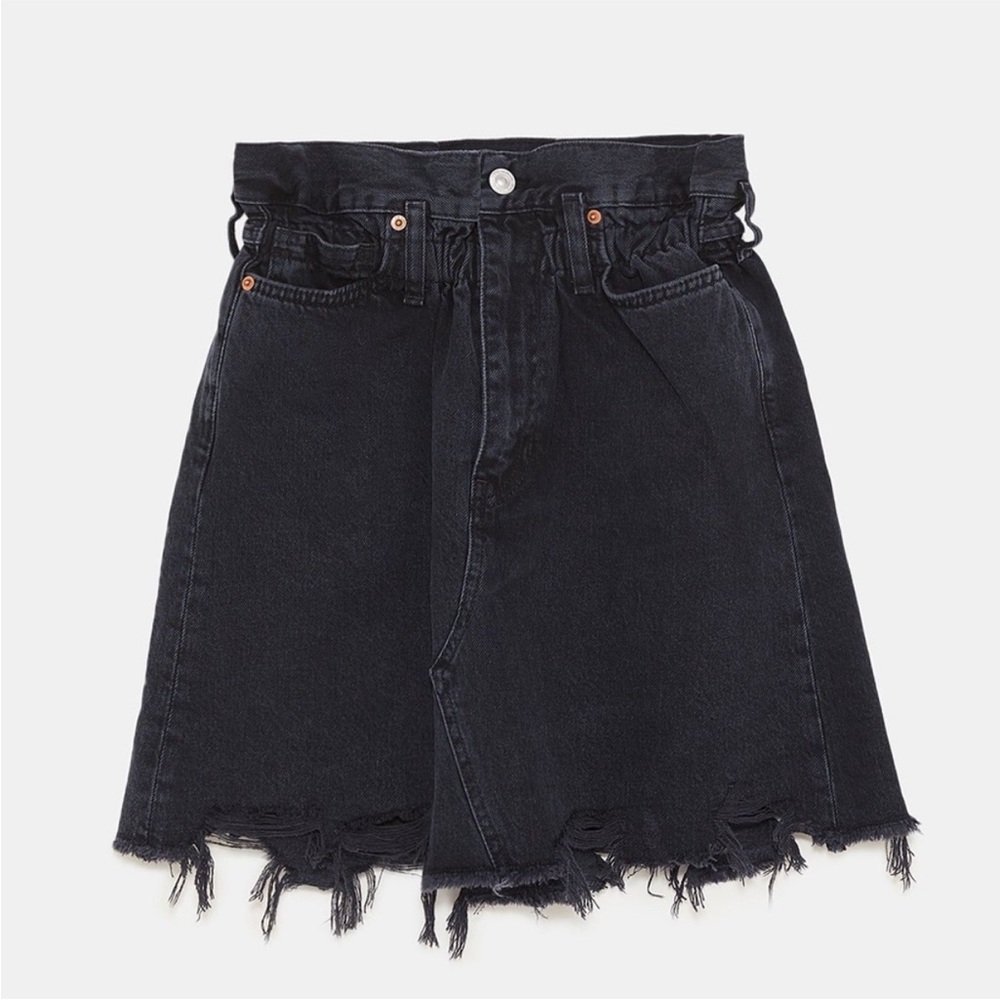NWT ZARA RUCHED WAIST DISTRESSED DENIM SKIRT